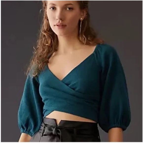 Maeve Tops - Anthropologie Maeve Teal Cross-Front Puff-Sleeve Crop Top NWOT